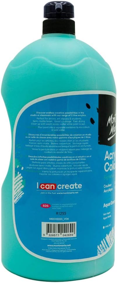 Mont Marte Discovery School Acrylic, Aqua Green, 1/2 Gallon (2 Liter). Ideal for Students and Artists. Excellent Coverage and Fast Drying. Pump Lid Included.