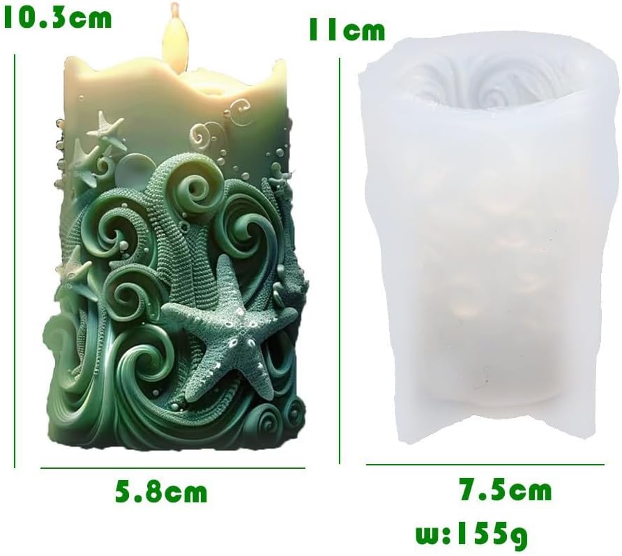 Starfish Shell Cylindrical Candle Mold, Marine Conch Silicone Mold, Wave Epoxy Resin Casting Mold, Chocolate Fudge, DIY Wax Soap, Candle Making Process Essential Materials C