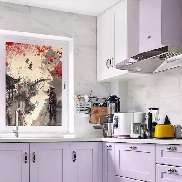 Vintage Japanese Samurai Air Window Film Watercolor Ink Ancient Cherry Blossom Red Sunblackout Window Film,Playroom Window Film 23.6Wx47.2L-Inch X1Pcs