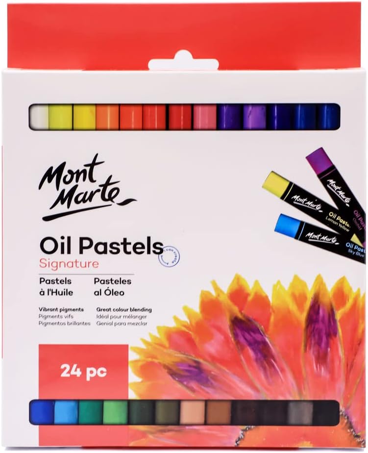 Mont Marte Oil Pastels Signature 24pc, 24 Assorted Colors, Vibrant Oil Pastel Set, Great Blending and Layering, Ideal for Art, Craft, Coloring and Sketching