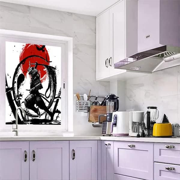 Japanese Samurai Decorative Window Film Watercolor Ink Samurai Sword Red Sun Printdining Room Window Film,Dorm Room Glass Film 23.6Wx78.7L-Inch X1Pcs