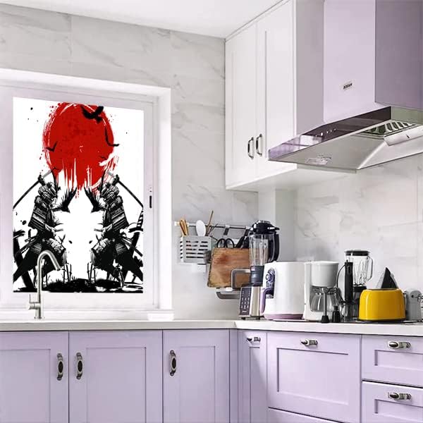 Japanese Samurai Stained Glass Film Watercolor Ink Samurai Sword Red Sun Printwindow Tinting Film for Home,Window Film Stained Glass 17.7Wx23.6L-Inch X1Pcs