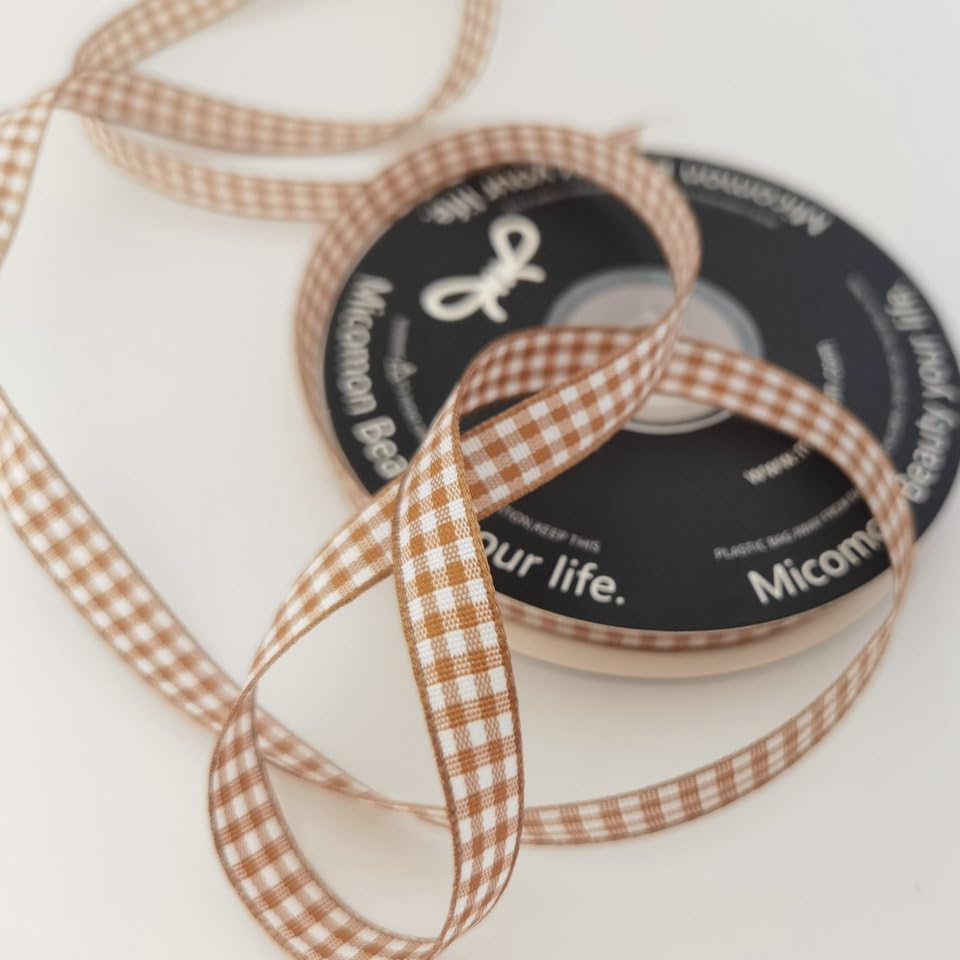 Micomon Khaki and White Woven Edge Plaid Ribbon 100% Polyester Gingham Ribbon 25 Yards Each Roll (3/8"Khaki)