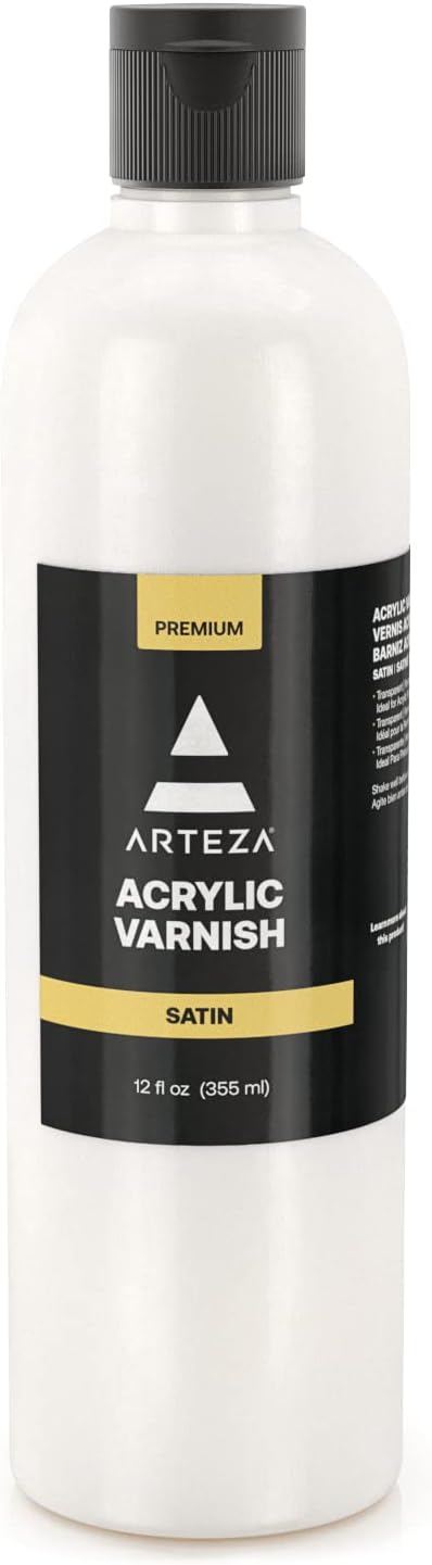 ARTEZA Satin Acrylic Varnish 12oz/355ml, UV-Protective, Clear Finish for Canvas, Wood & More - Protect Against Dust, Dirt and Scratches