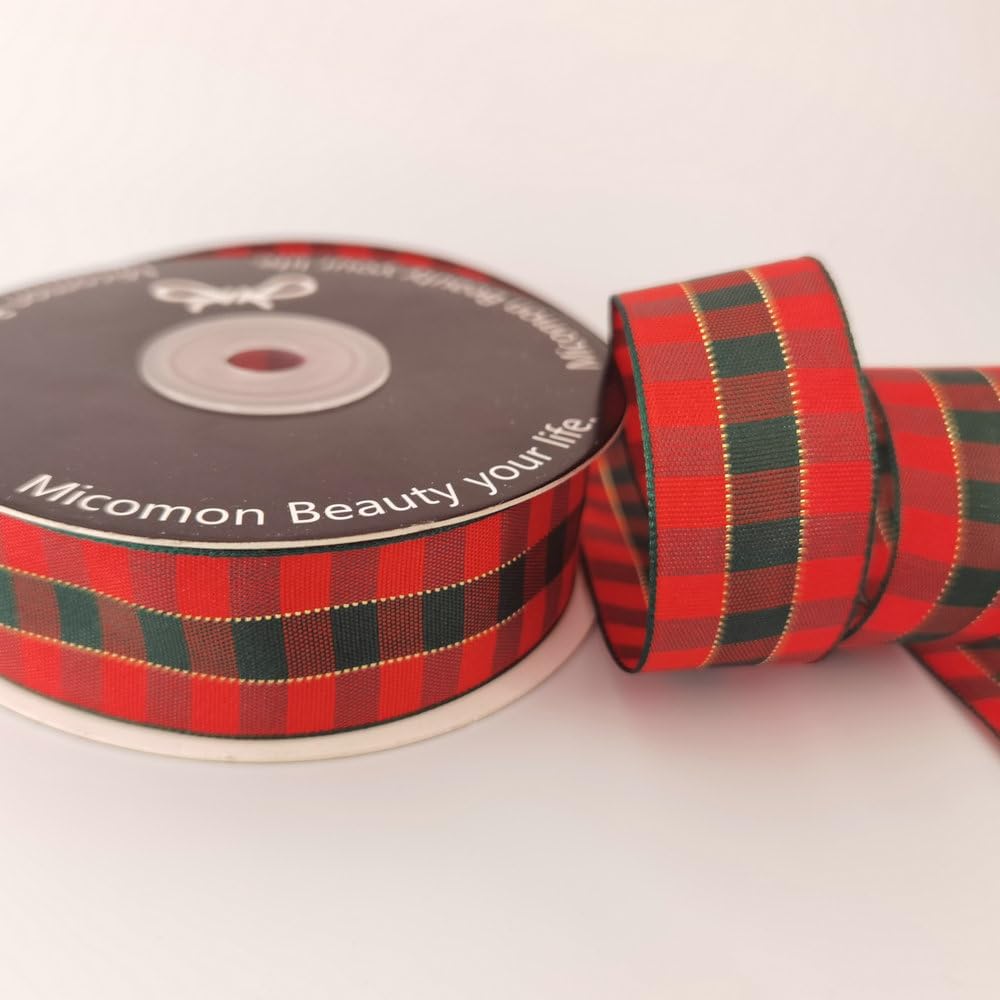 Micomon X'Mas Gingham Ribbon Green Red Metallic Gingham Ribbon 25 Yards Each Roll 100% Polyester (1",RedGreenGold)