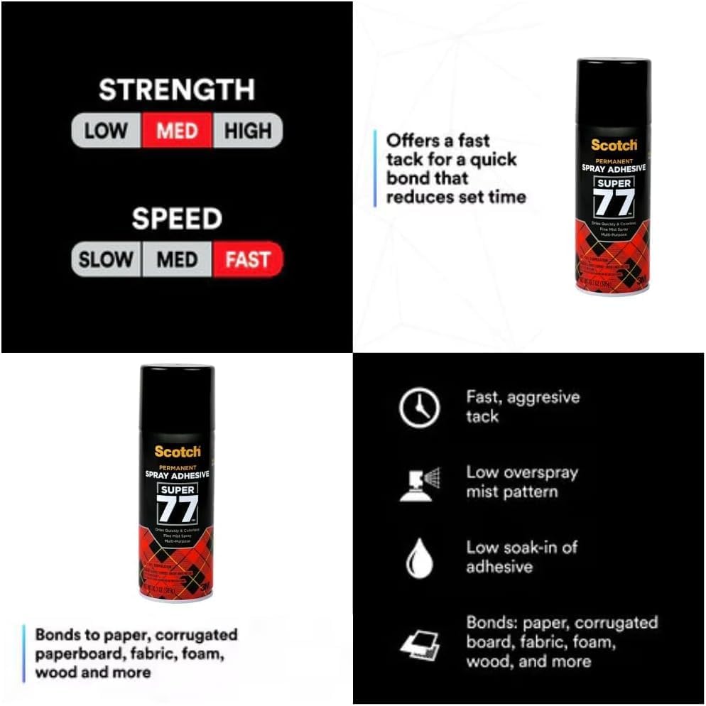 Scotch Super 77 Multipurpose Adhesive Spray, Bonds to Fabric, Cardboard, Plastic, Metal, Wood, Felt, and More, 10.7 Ounces (7716)