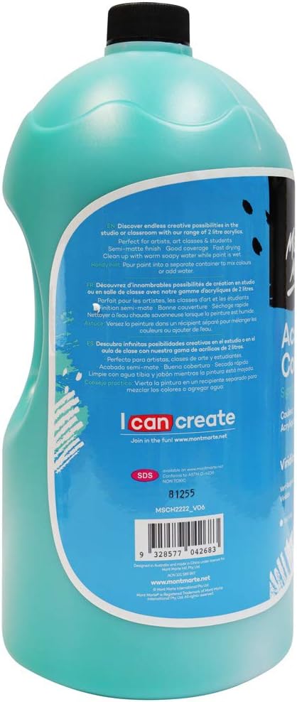 Mont Marte Discovery School Acrylic, 1/2 Gallon (2 Liter). Ideal for Students and Artists. Excellent Coverage and Fast Drying. Pump Lid Included. (Viridian)