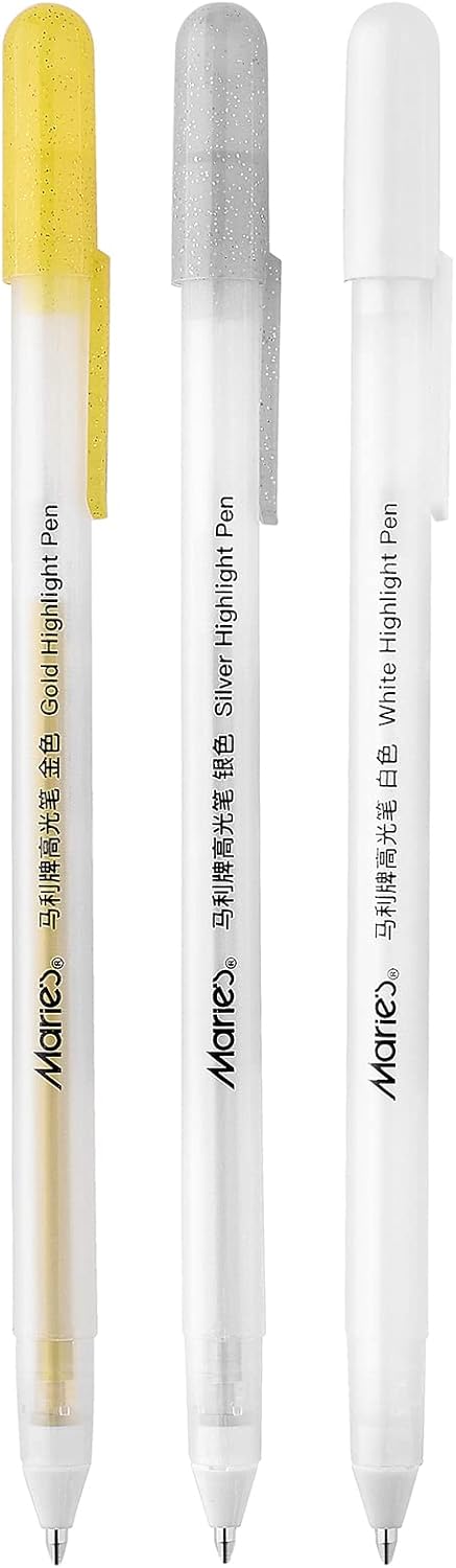 RVOGJP 3 Colors Gel Pen Set - White, Gold and Silver Gel Ink Pens for Black Paper Drawing, Sketching, Illustration, Card Making, Bullet Journaling, Pack of 3