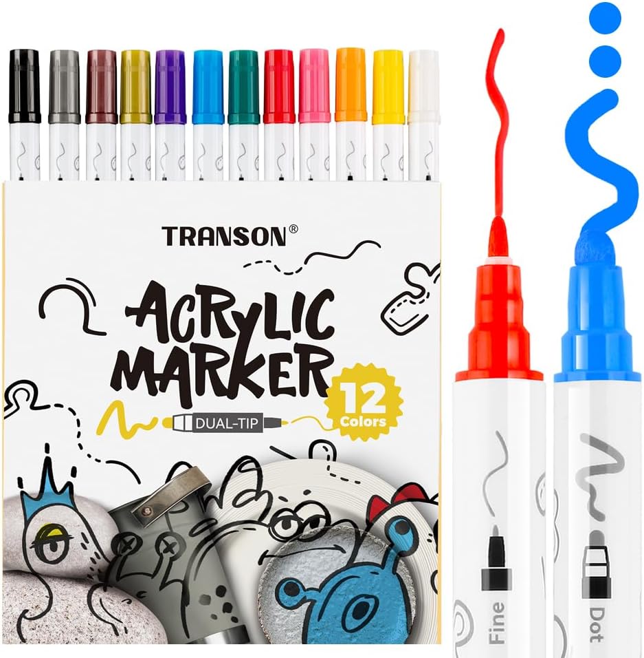 TRANSON 12 Color Bold and Fine Dual-tip Acrylic Paint Pen Set for Canvas Rock Wood Leather Ceramic DIY Painting