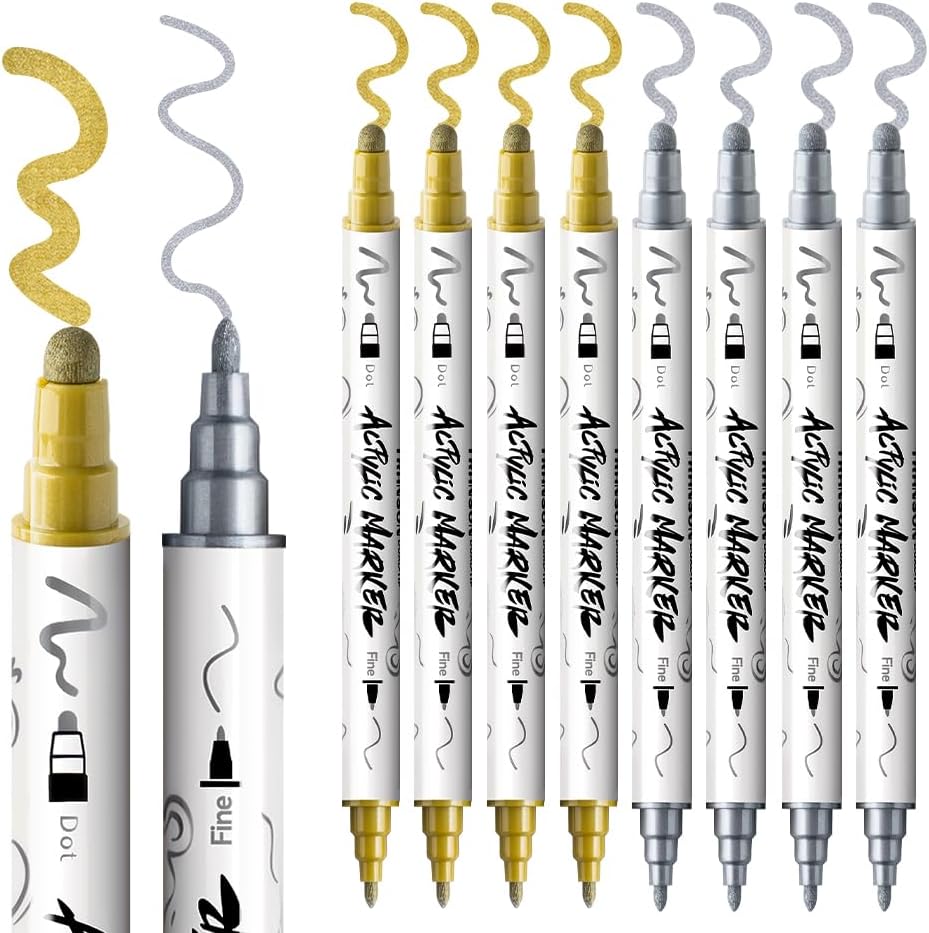 TRANSON 4 Silver and 4 Gold Paint Markers Bold and Fine Dual-tip Acrylic Paint Marker Set for Rock Painting Glass Canvas Wood Leather Ceramic Painting