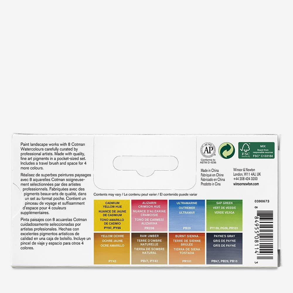 Winsor & Newton Cotman Watercolor Paint Set, 8 Half Pan, Landscape Colors w/ Brush