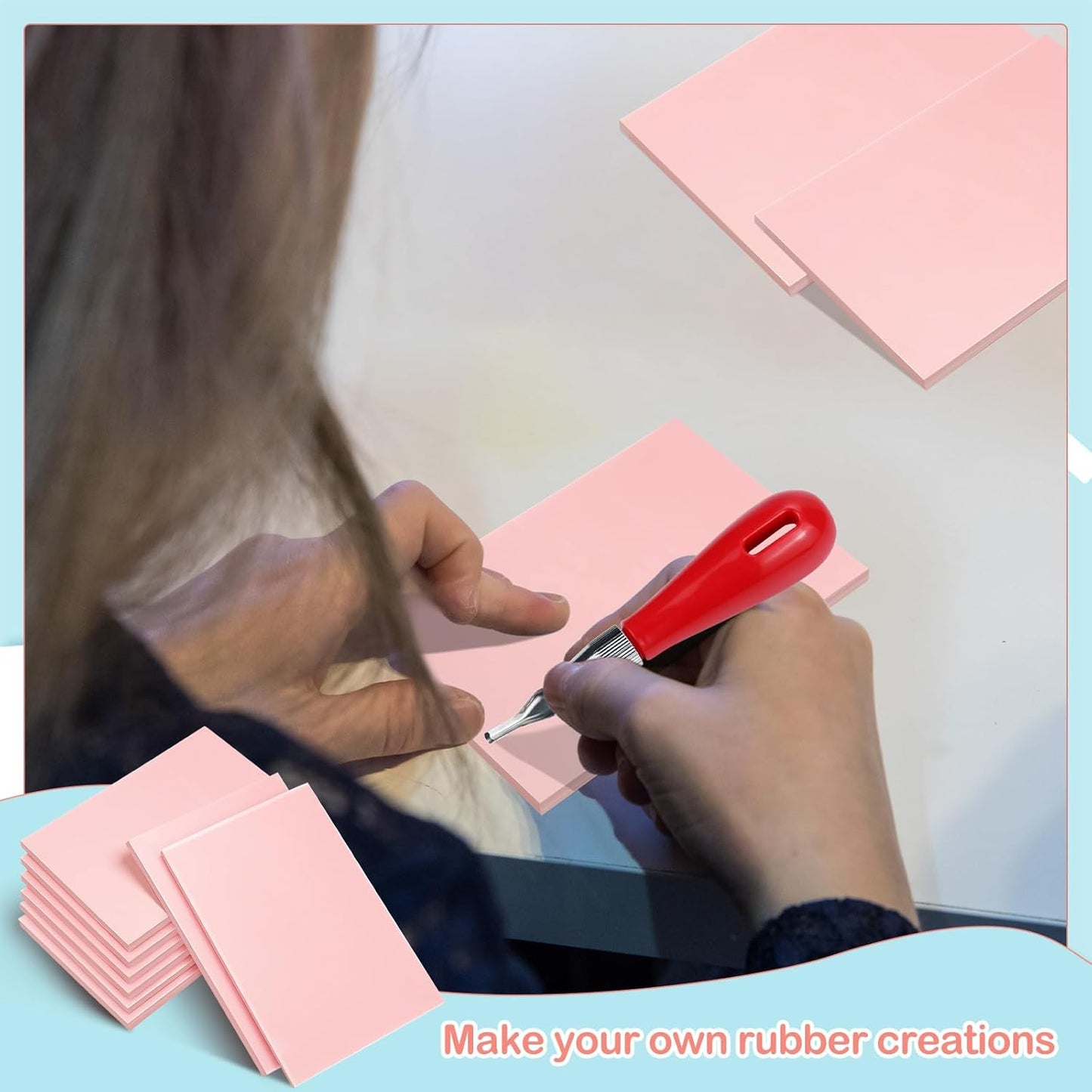 Frienda 50 Pack Rubber Carving Blocks 4 x 6 Inch, Rubber Stamp Carving Blocks for Printmaking, Printing, DIY Craft Project, Soft Block Stamp for Beginners and Professional(Pink)