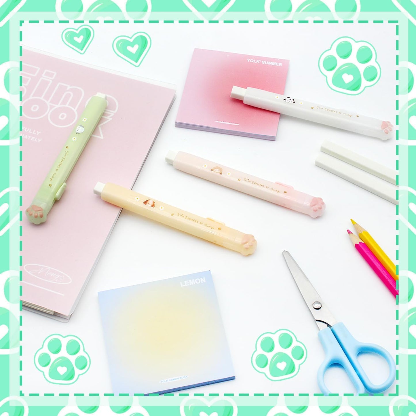 Benvo Retractable Cat Paw Erasers 4 Pcs with Refillable Rubbers Slim Erasers for Precise Erasing, Cute Eraser for Students, Artists, Office Use