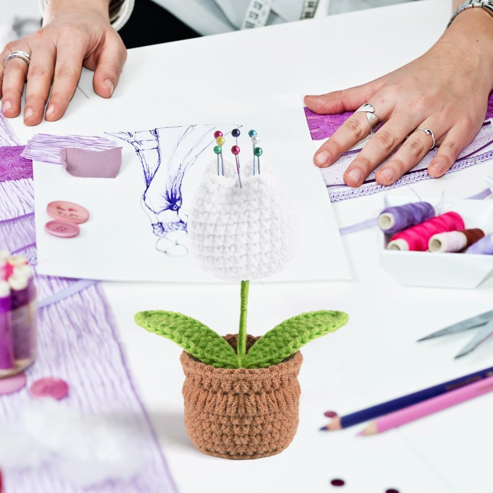 Tulip Pin Cushion, Handmade Knitted Pincushions, Cute Pin Cushions Needle Holders for Sewing Quilting Accessory, DIY Crafts or Patchwork Decor.Flowerpot Design White Tulip