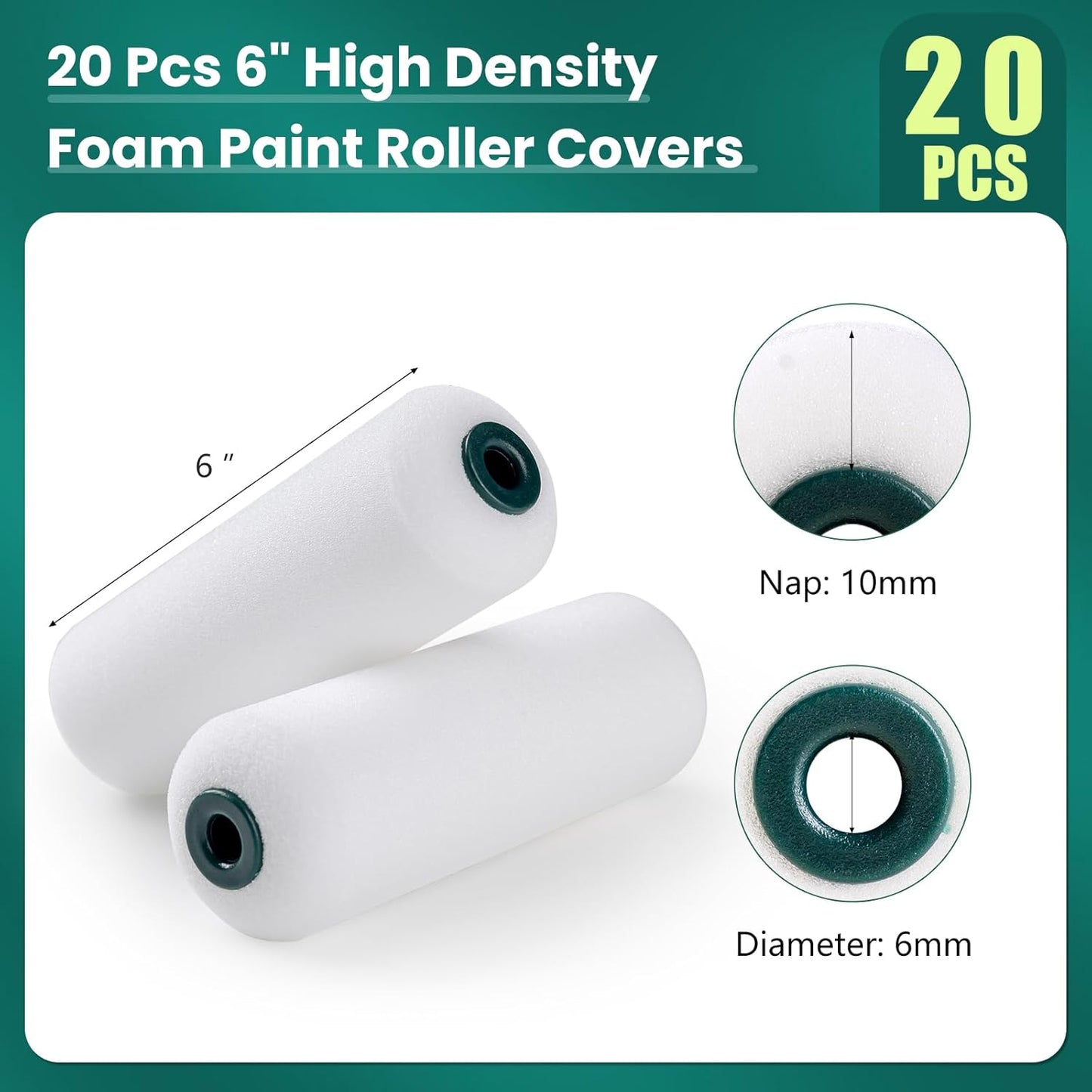 Foam Paint Roller, 20 Pack, 6 Inch Mini Paint Roller Covers, High Density Foam Paint Roller, Small Paint Rollers for All Flat Surfaces, Suitable for Wall,Kitchen Cabinets, Doors, Tables