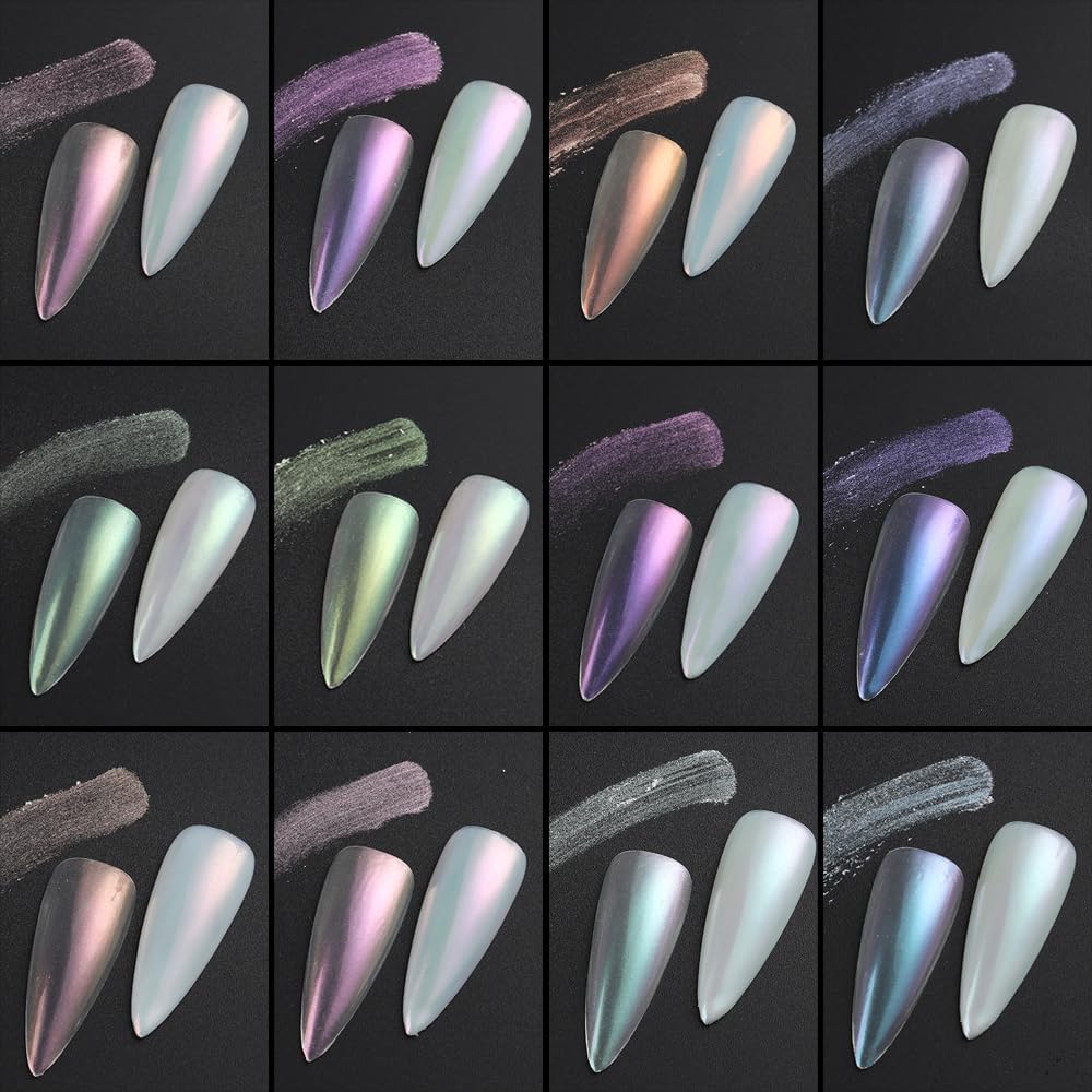 12 Jars Mermaid Chrome Nail Powder, Iridescent Aurora Powder Pearlescent Dust Metallic Mirror Glitter Effect Pigment Nail Art Glitter Manicure Decoration for Home DIY Salon