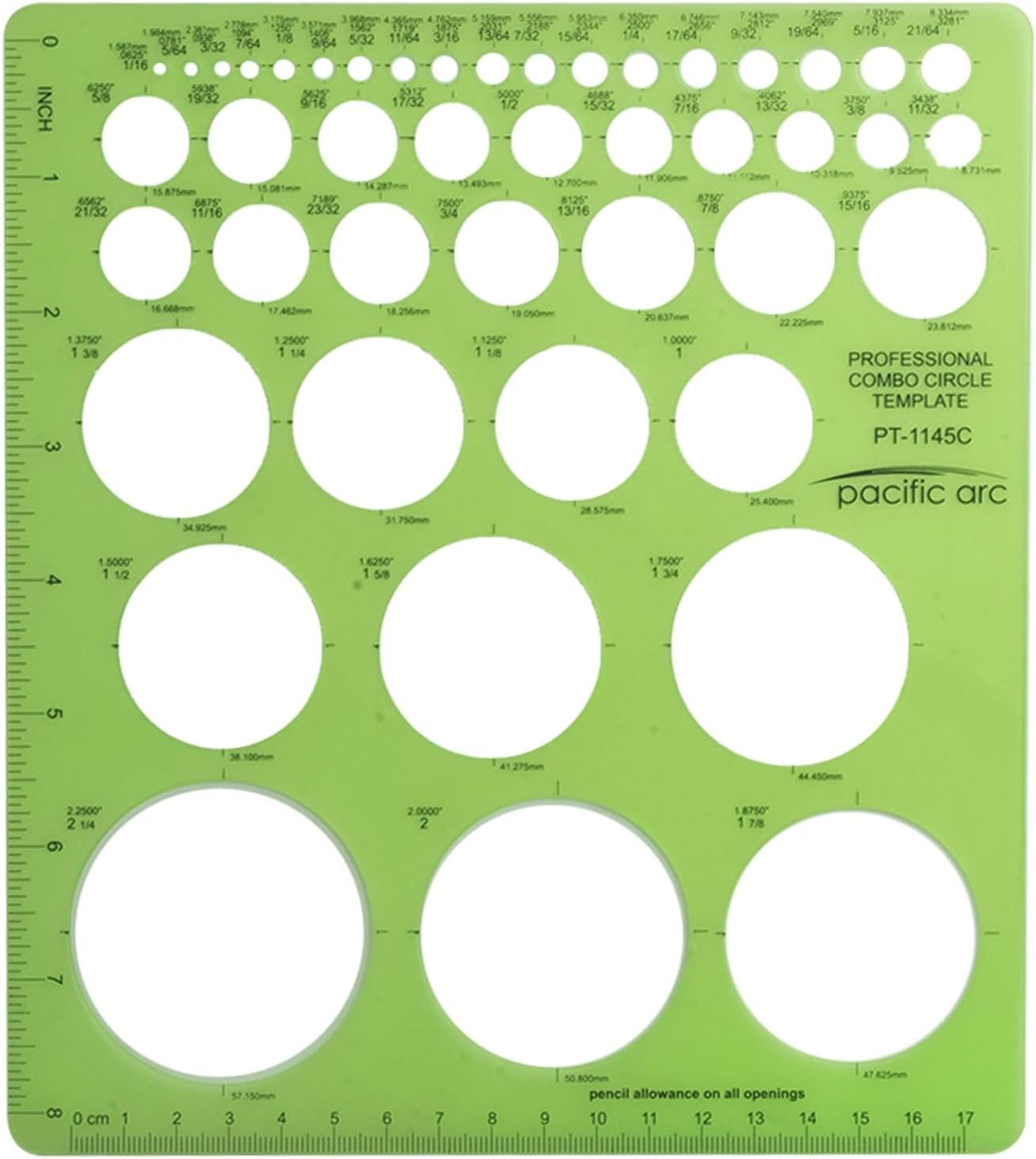Pacific Arc Template: Combo Circle Master,45 Circles: 1/16" to 1 7/8", Decimal/inch/Metric 8.5" x 7.44"
