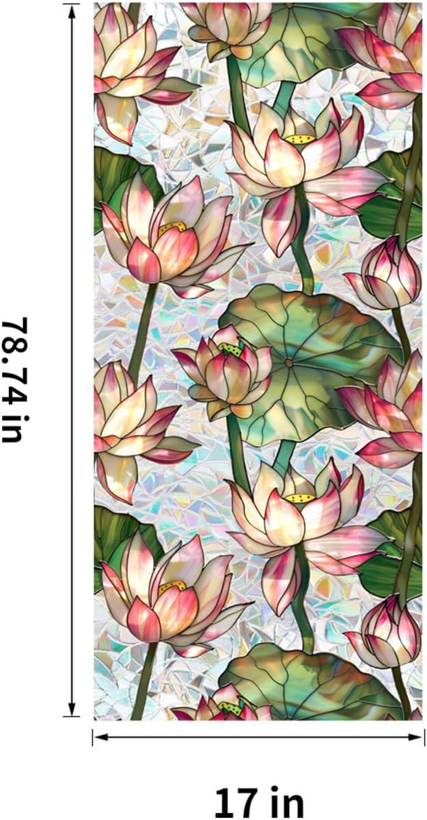 Stained Glass Window Film UV Resistant Window Privacy Film Lotus Floral Privacy Rainbow Decals Living Room Bedroom Sun Blocking Decor Removable Static Cling Stickers 17 x 78.74 Inch