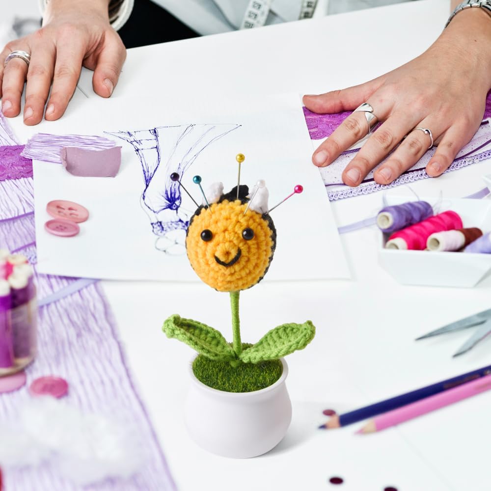 Bee Pin Cushion, Handmade Knitted Pincushions, Cute Pin Cushions Needle Holders for Sewing Quilting Accessory, DIY Crafts or Patchwork Decor.Flowerpot Design Bee