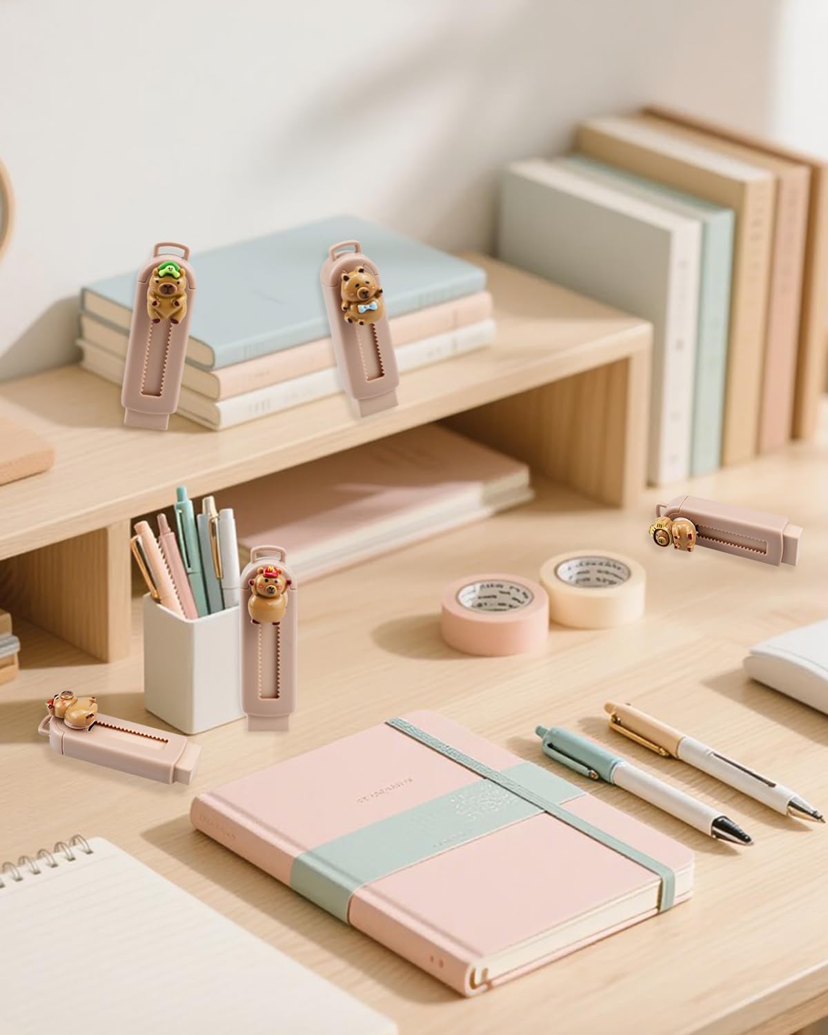 5 Pack Capybara Retractable Erasers, Cute Pencil Erasers for Kids, Students, Capybara Lovers, Large Push-Pull Rubber Eraser Set, School Office Home Stationery Supplies, Brown Colors