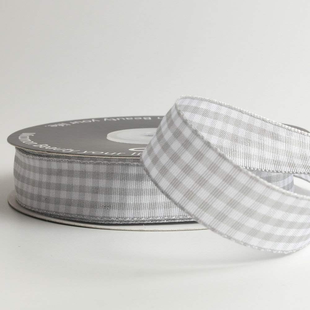 Gingham Ribbon - Gray and White, 25 Yards Each Roll, 100% Polyester (5/8")