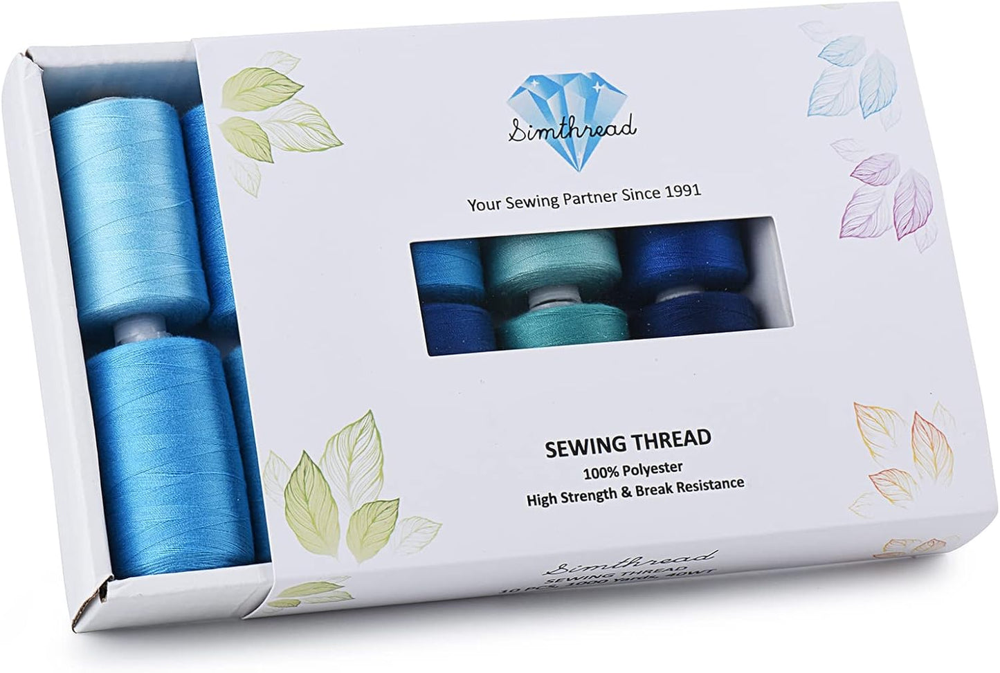 Simthread All Purpose Sewing Thread, 10 Spool Assorted Blue Series 1000 Yards Each Bobbin Polyester Thread for Sewing, Handy Polyester Sewing Threads for Sewing Machine - (Denim Color Series)