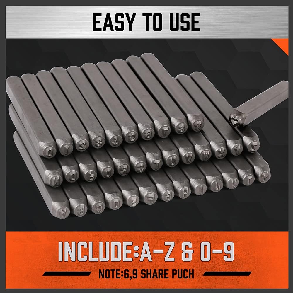 HORUSDY 37-Piece Number and Letter Stamp Set 1/8 (3mm) (A-Z & 0-9 + Love) Punch Perfect for Imprinting Metal Stamping kit, Plastic, Wood, Leather.