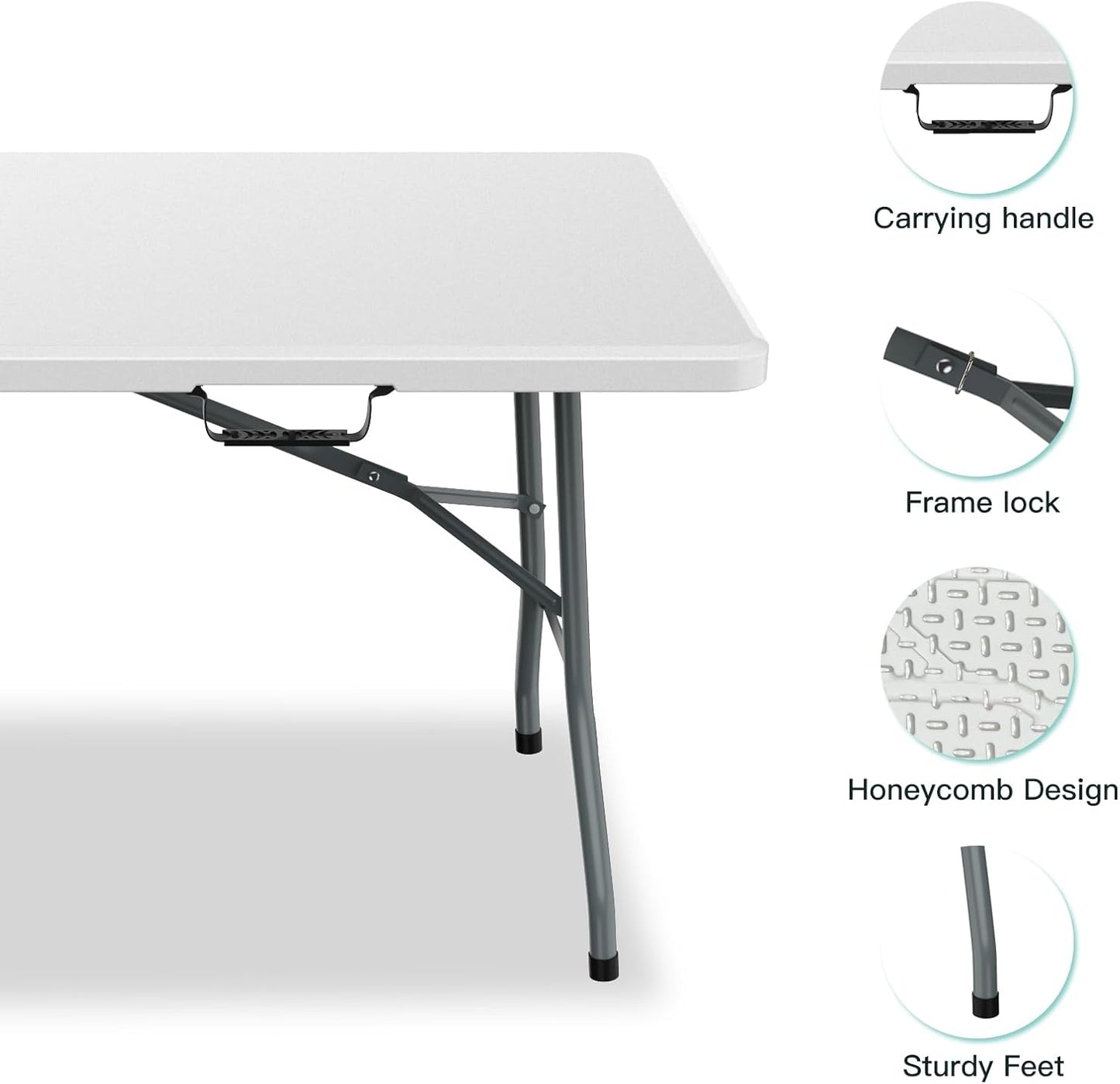 Generic 6 ft Folding Table, Portable Heavy Duty HDPE Fold-in Table, Lightweight Folding Table, Foldable Plastic Card Table for Party, Dining, Barbecue, Board Game with Carrying Handle - White
