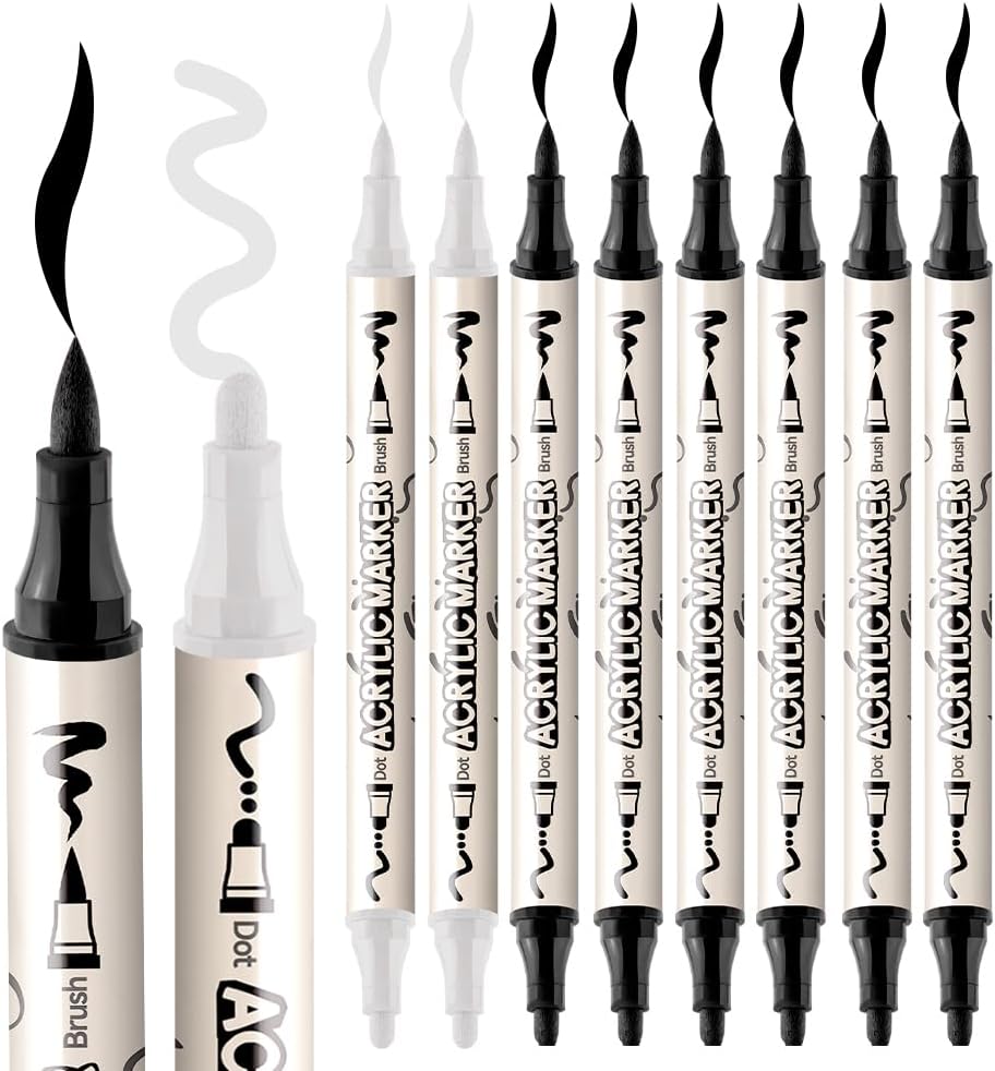 TRANSON 6 Black and 2 White Paint Markers Bold and Brush Dual-tip Acrylic Paint Marker for Rock Glass Canvas Wood Leather Ceramic DIY Painting