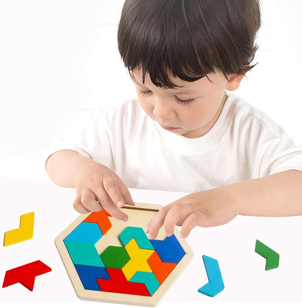 Skrtuan Wooden Hexagon Puzzle for Kid Adults Brain Teaser Blocks Puzzles Games Toy Shape Pattern Block Tangram Geometry Logic IQ STEM Montessori Educational Gift for Kids Children Boys Girls