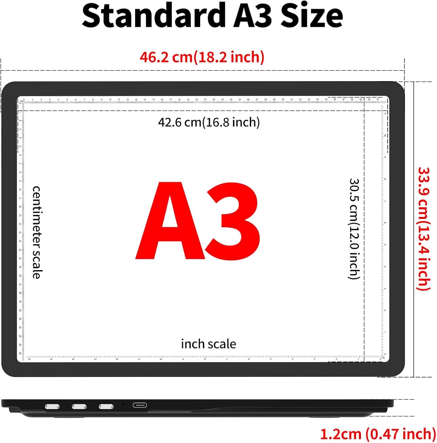 TOHETO Rechargeable A3 Light Board with Stand, Bag, Super Bright Magnetic Light Pad with Side Buttons, Wireless Light Box for Tracing and Drawing, Cordless Light Table for Diamond Painting, Sketching