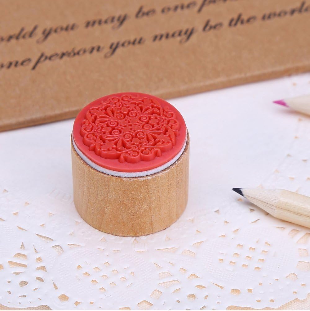 DECORA 6 Pieces Floral Pattern Round Wooden Rubber Stamp for Scrapbooking