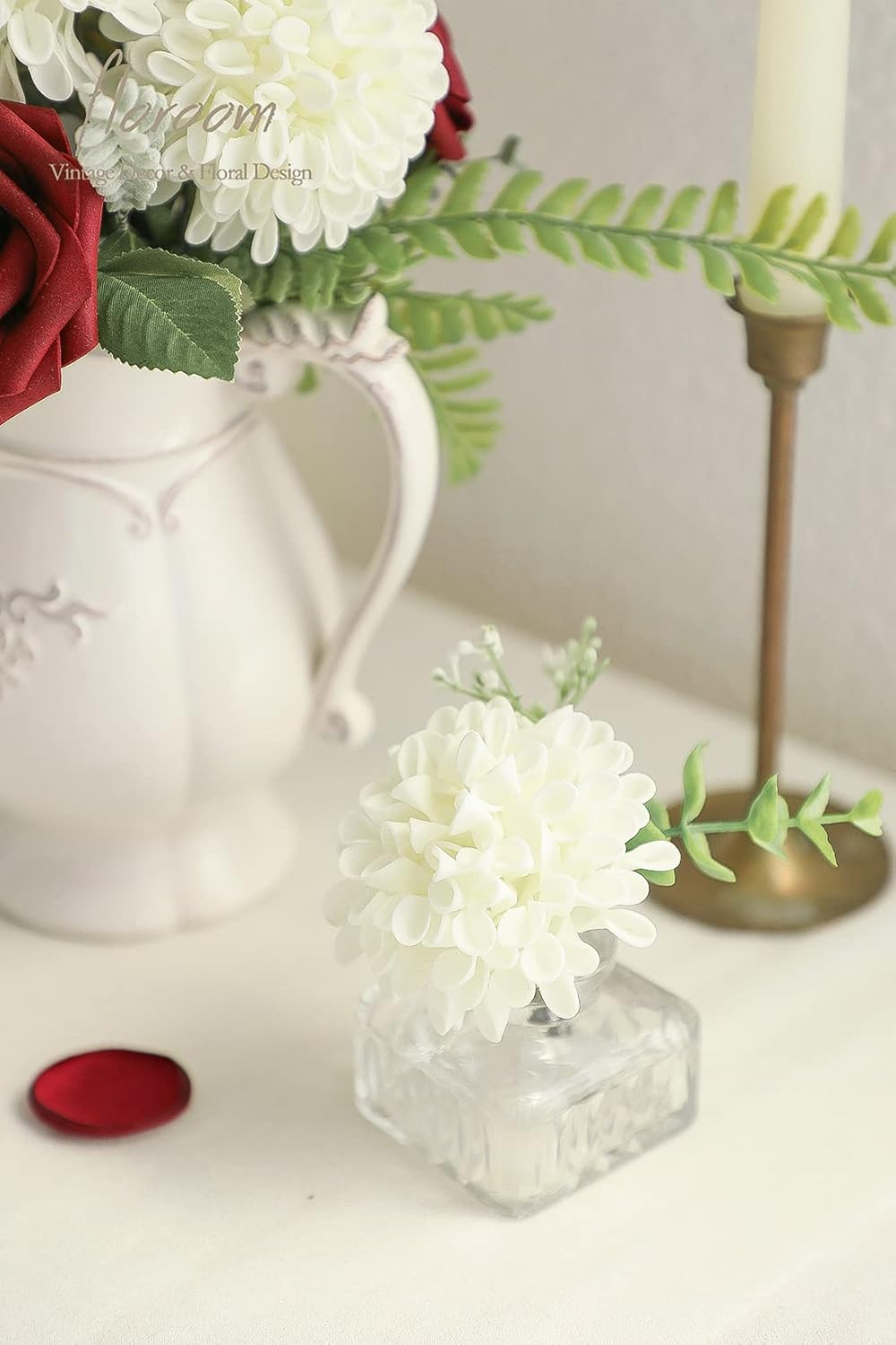 Floroom Artificial Dahlia Flowers 25pcs Real Looking Ivory Foam Fake Roses with Stems for DIY Wedding Bouquets White Bridal Shower Centerpieces Floral Arrangements Party Tables Home Decoration