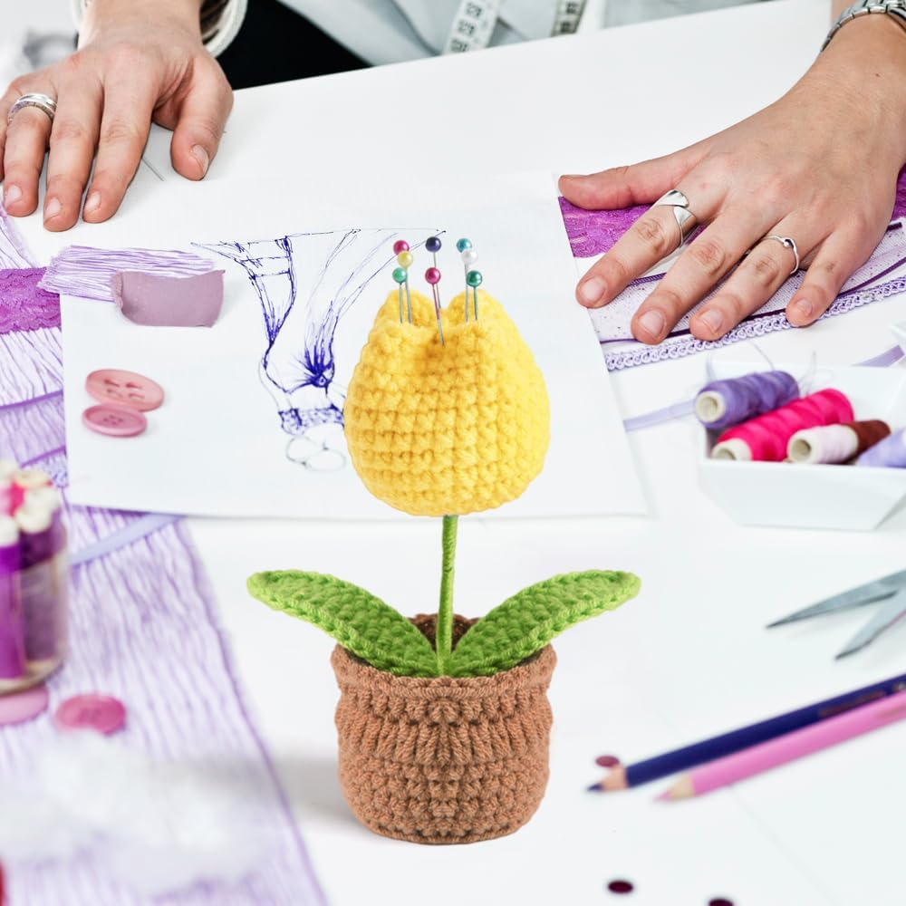 Tulip Pin Cushion, Handmade Knitted Pincushions, Cute Pin Cushions Needle Holders for Sewing Quilting Accessory, DIY Crafts or Patchwork Decor.Flowerpot Design Yellow Tulip