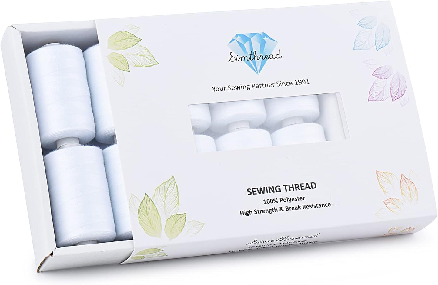 Simthread All Purpose Sewing Thread, 10 Spool White Series 1000 Yards Each Bobbin Polyester Thread for Sewing, Handy Polyester Sewing Threads for Sewing Machine - (White Series)