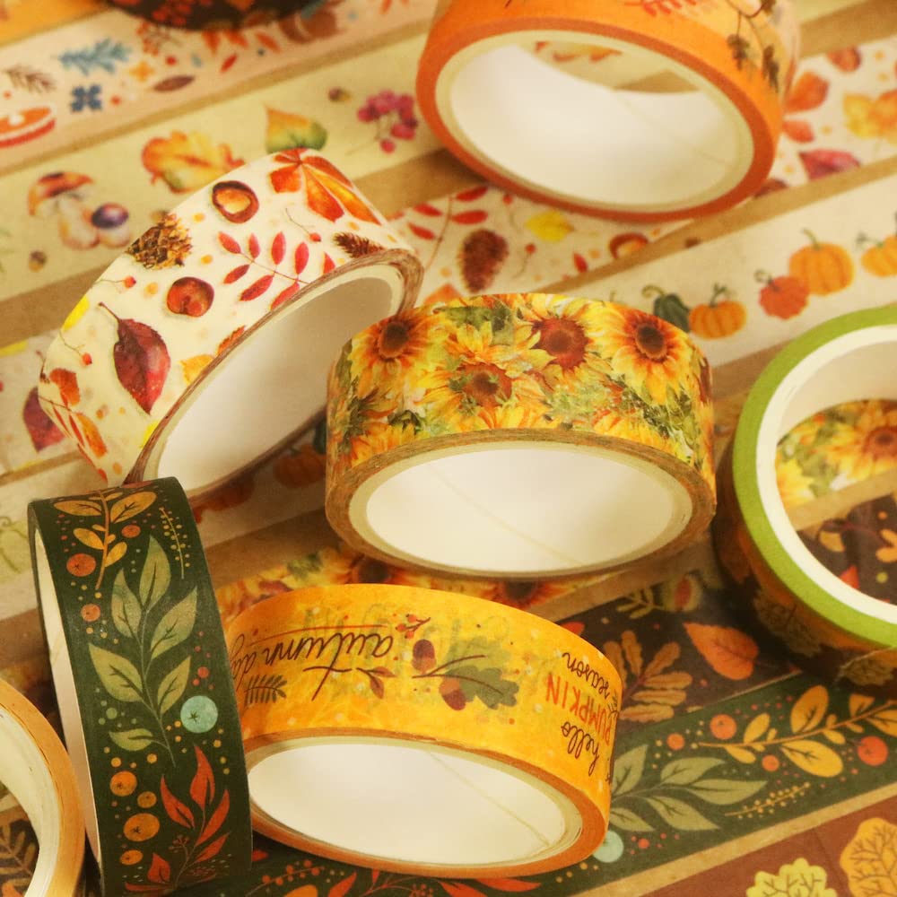 YUBBAEX 10 Rolls Four Seasons Washi Tape Set Yellow Leaves & Flowers Masking Decorative Tapes (Autumn)