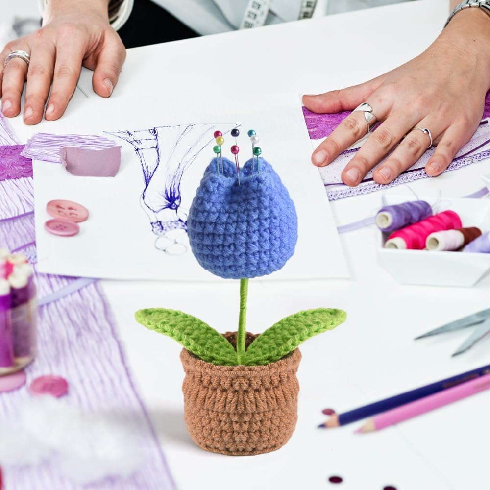 Tulip Pin Cushion, Handmade Knitted Pincushions, Cute Pin Cushions Needle Holders for Sewing Quilting Accessory, DIY Crafts or Patchwork Decor.Flowerpot Design Blue Tulip