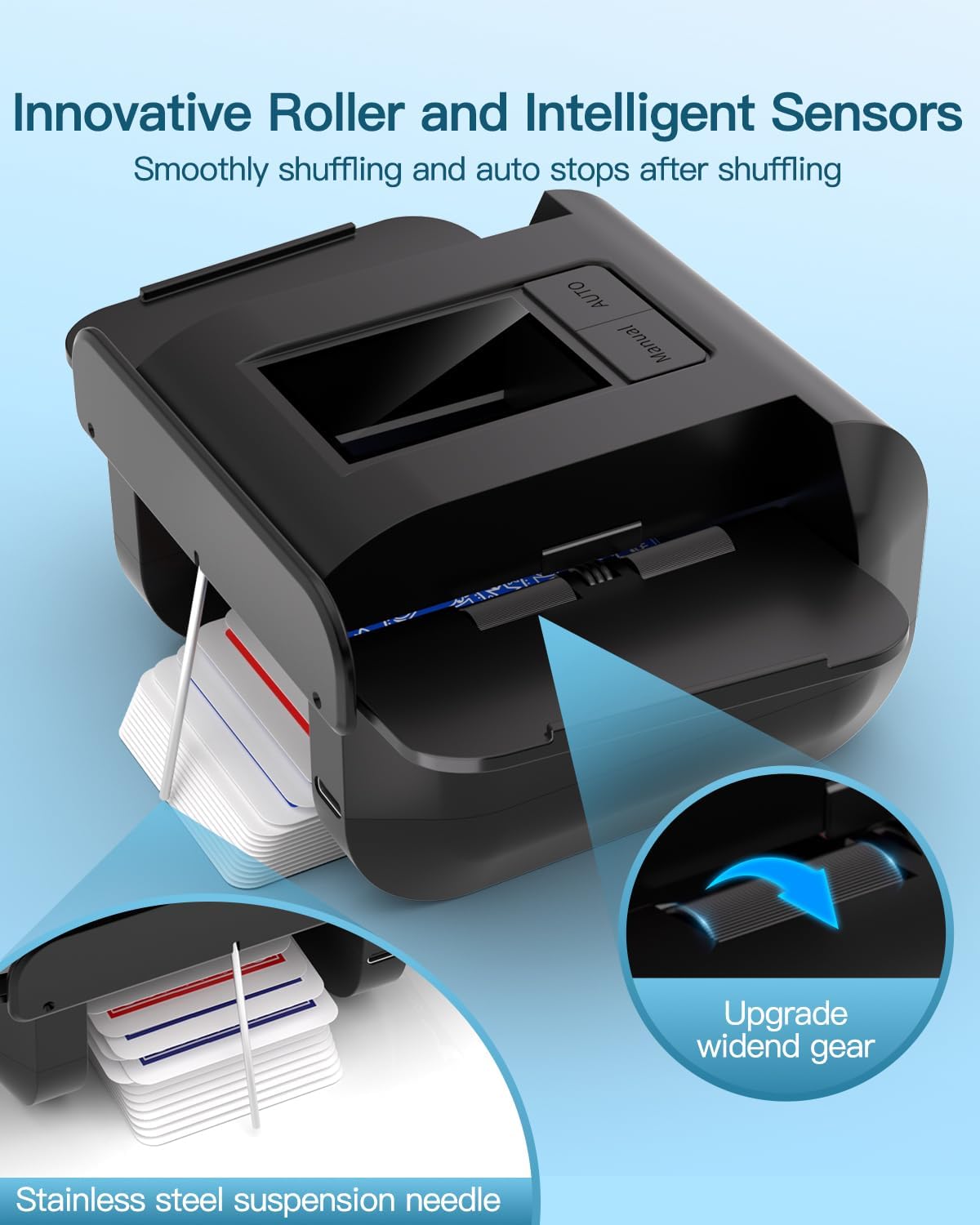 Automatic Card Shuffler, Rechargeable Cards Shuffler Machine with AUTO & Manual Mode, 1-2 Decks Low Noise Electric Shuffling Machine for Poker, UNO, Texas, Blackjack, Skip-Bo, Bridge, Phase 10