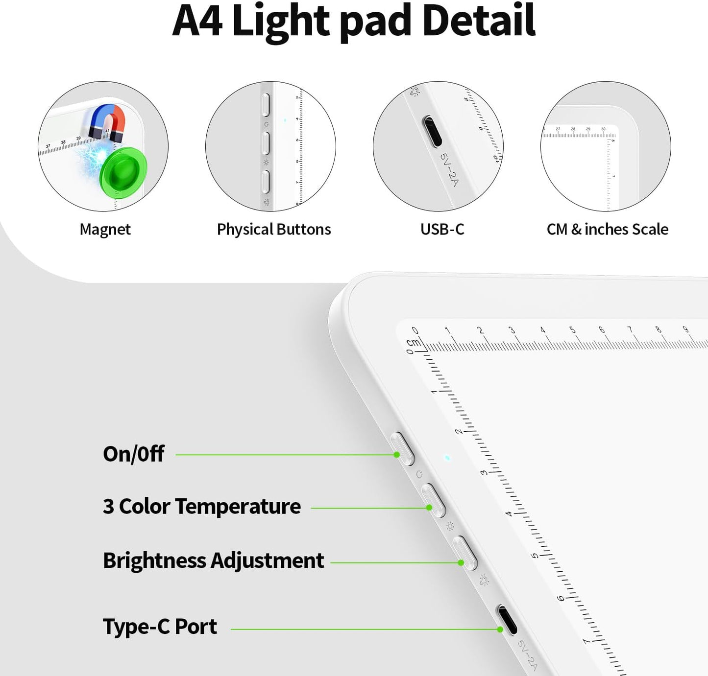 Zocelight Rechargeable A4 Light Board for Diamond Painting,Magnetic Bright Light Box for Tracing,Wireless LED Light pad with Physical Buttons,3 Colors,Dimmable 9000LUX Lightbox for Drawing,Sketching