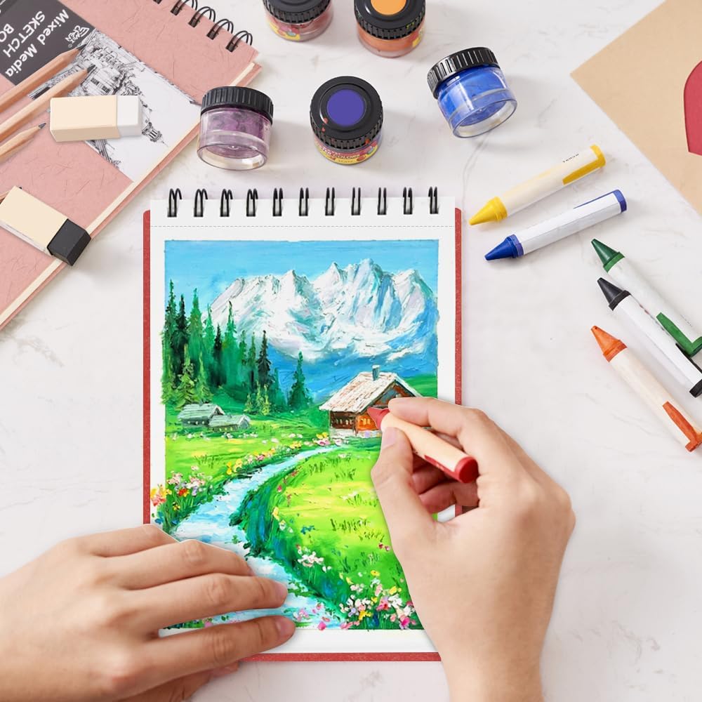 8.3x5.8 Sketch Book, Top Spiral Bound Sketch Pad, 60sheets 92lb/150gsm Bright White Paper, Acid-Free Mixed Media Paper for Painting, Dawing & Art Supplies. B-Red