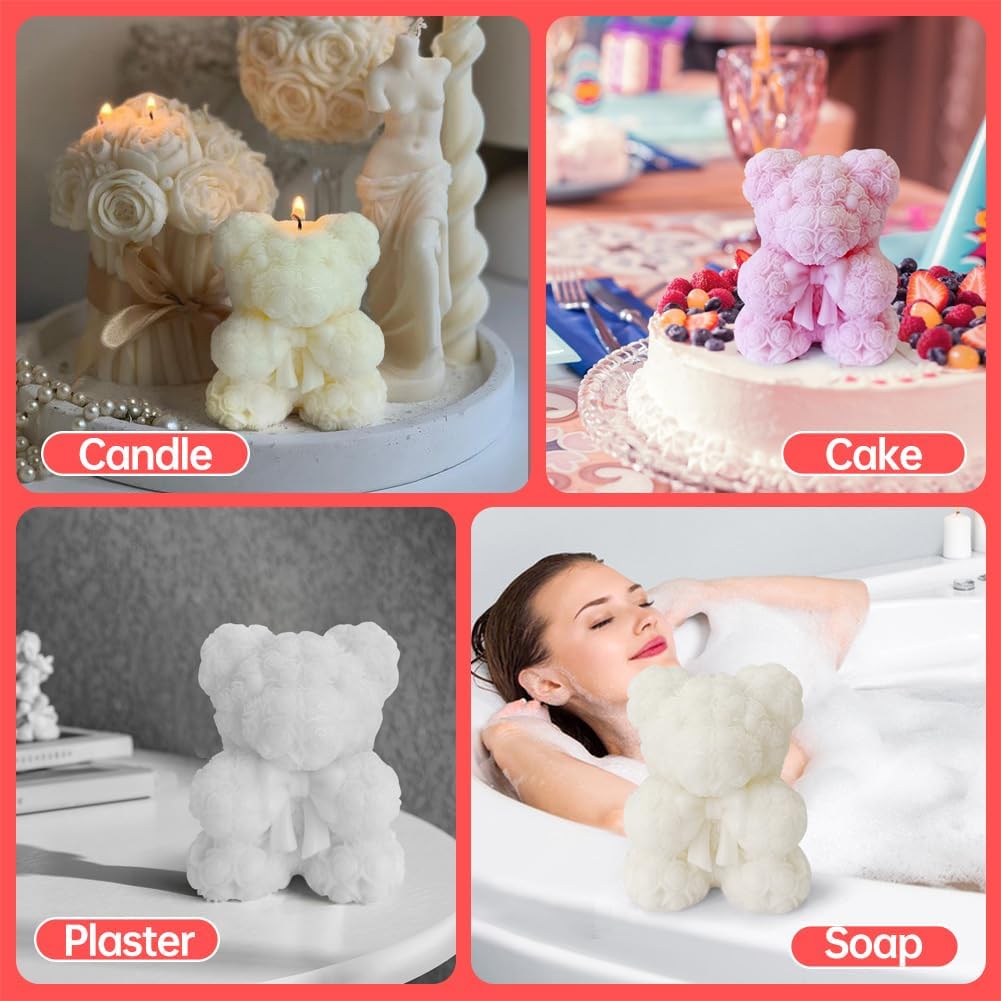 Bowtie Rose Bear Candle Mold - 3D Teddy Bear Candle Making Molds, Cute Epoxy Resin Molds for DIY Handmade Soaps,Valentine Gifts,Mother's Day Gifts,Birthday Gifts & Home Decorations(Bow Tie Bear Large)