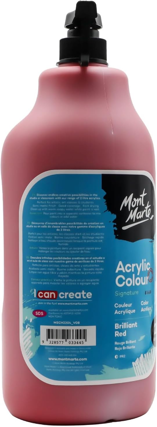 Mont Marte Discovery School Acrylic, Brilliant Red, 1/2 Gallon (2 Liter). Ideal for Students and Artists. Excellent Coverage and Fast Drying. Pump Lid Included.