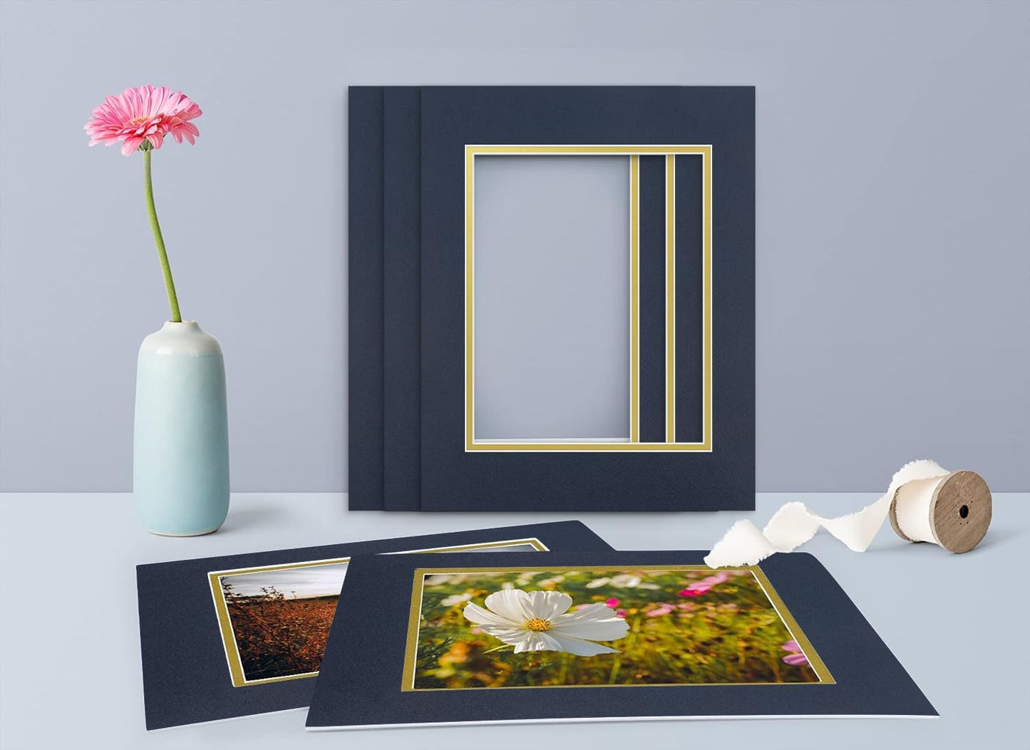 Golden State Art, 11x14 Double Mats for 8x10 - for Photos, Pictures, Frames - Acid-Free, 5 Pack, Dignity Blue Over Old Gold