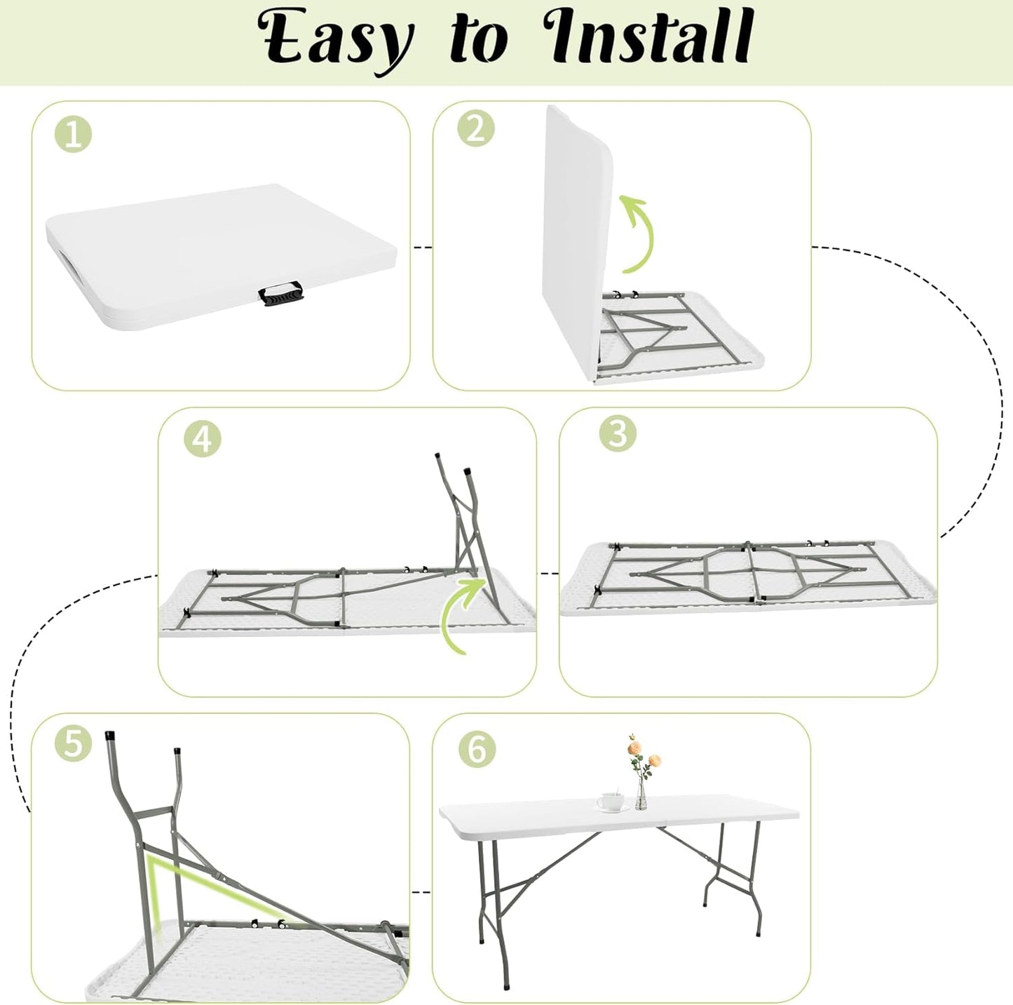 2 Pack 6 FT Folding Tables White Foldable Table, Fold-in-Half with Carrying Handle Portable Plastic Rectangular Table for Party, Dining, Wedding, Camping, Picnic, Indoor Outdoor Events
