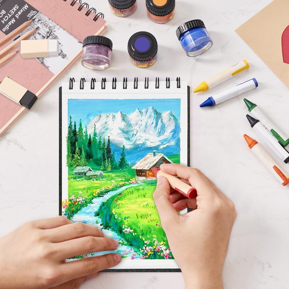 8.3x5.8 Sketch Book, Top Spiral Bound Sketch Pad, 60sheets 92lb/150gsm Bright White Paper, Acid-Free Mixed Media Paper for Painting, Dawing & Art Supplies. B-Black