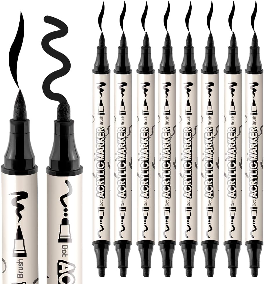 TRANSON 8 Pack Black Brush and Bold Dual-tip Acrylic Paint Marker for DIY Glass Canvas Wood Leather Ceramic Rock Painting