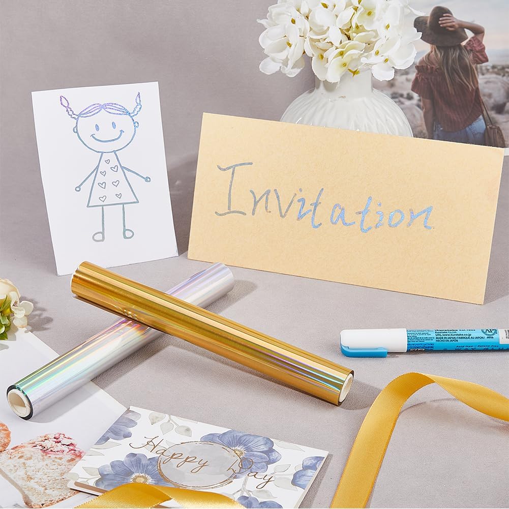 SUPERFINDINGS 2 Colors 16m/Roll PET Hot Foil Transfer Roll Hot Foil Stamping Paper 19.3cm Width Metallic Heat Transfer Foil Papers for Foil Quill/Heat Foil Pen Craft Card Making Golden Silver