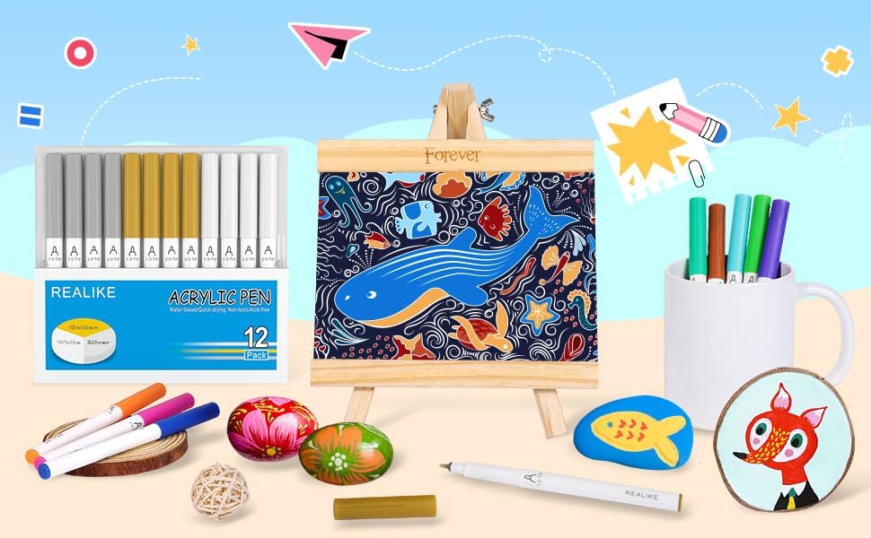 REALIKE Acrylic Paint Markers for Cricut Maker 3/Maker/Explore 3/Air 2/Air, Gold Silver White Acrylic Paint Pens for Rocks, Paper, Wood, Canvas, Glass, Ceramic, Fabric (1.0 & 2.0 Tip)