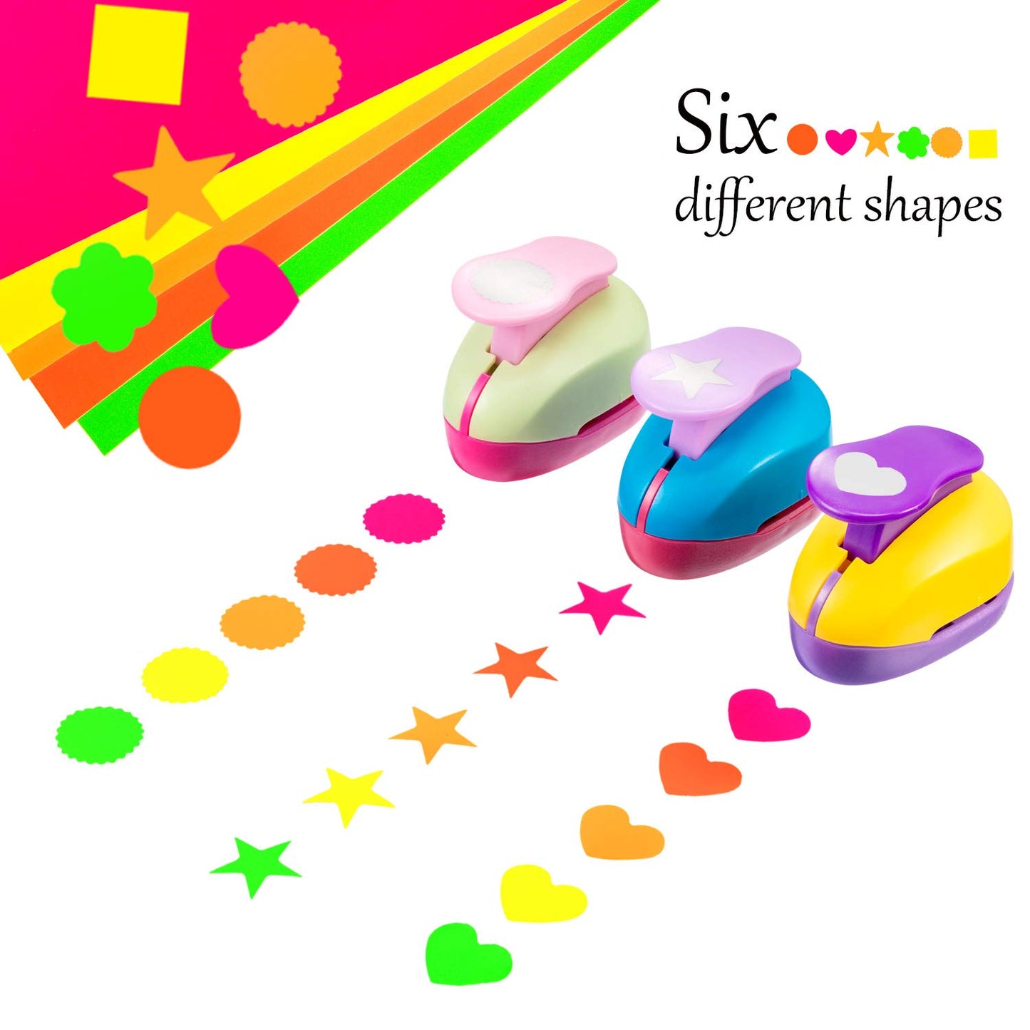 CHENGU 16 Pcs Craft Holes Punch Paper Punchers Scrapbook Punches with Craft Sticker Paper, Round, Star, Square, Heart, Flower, Wave Circle Shape(1 Inch,Multiple Styles)