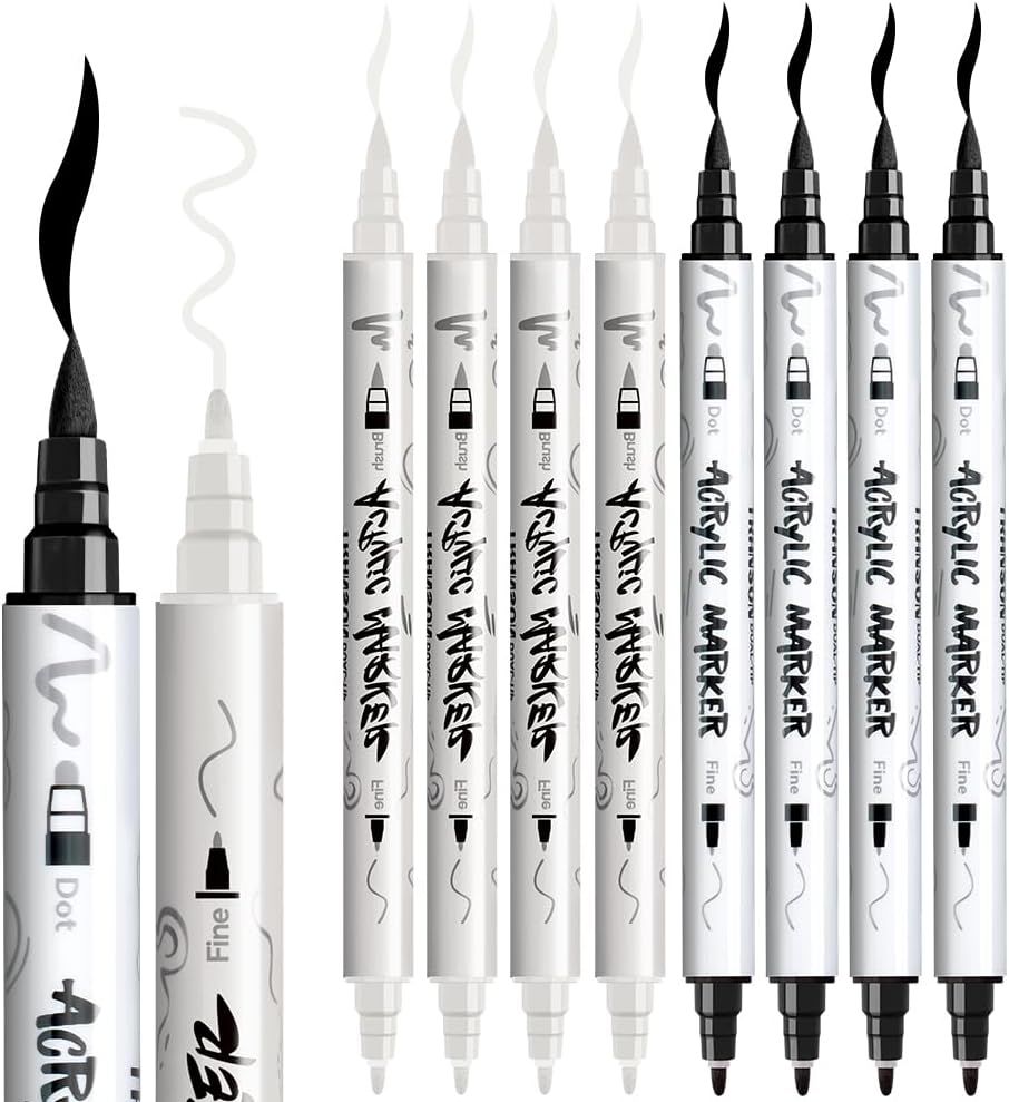 TRANSON 4 Black and 4 White Paint Markers Brush and Fine Dual-tip Acrylic Paint Marker Set for Rock Painting Glass Canvas Wood Leather Ceramic Painting